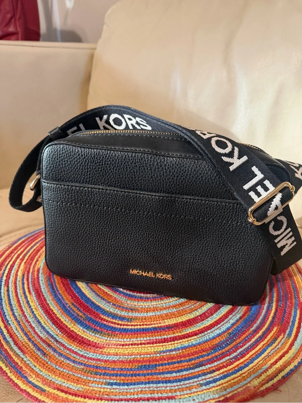 Michael Kors Black Pebbled Leather Crossbody with Logo Strap#110